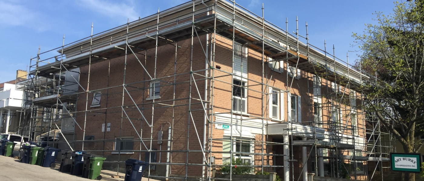 Exterior of Art Burke co-operative under construction with scaffolding