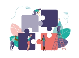 Illustration of people putting together giant puzzle pieces