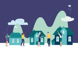 Illustration of people standing in front of houses