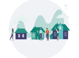 Illustration of people standing in front of houses